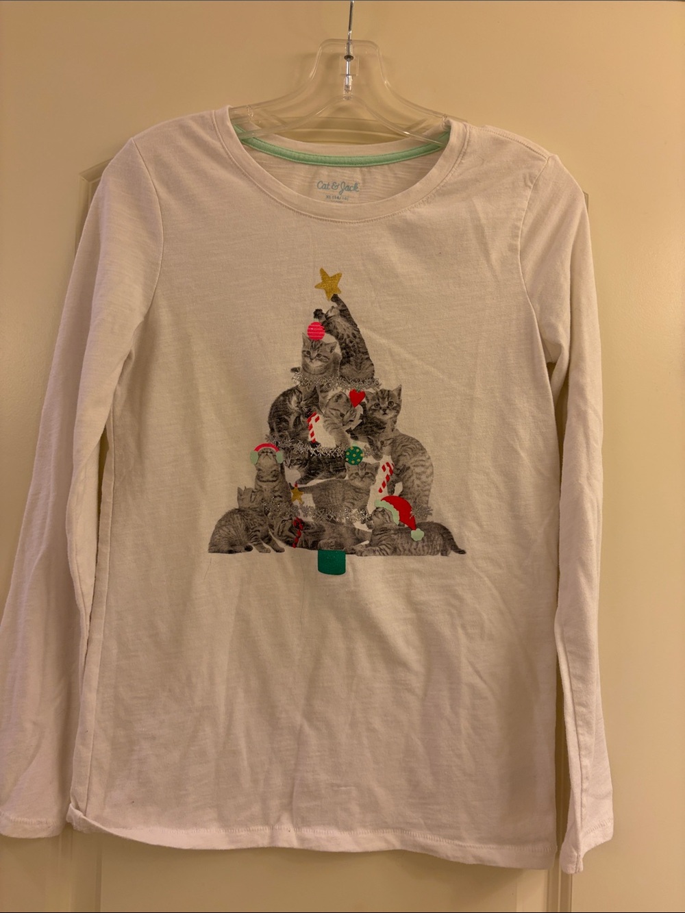 Cat & Jack White Long-Sleeve Tee with Kitty Christmas Tree Graphic